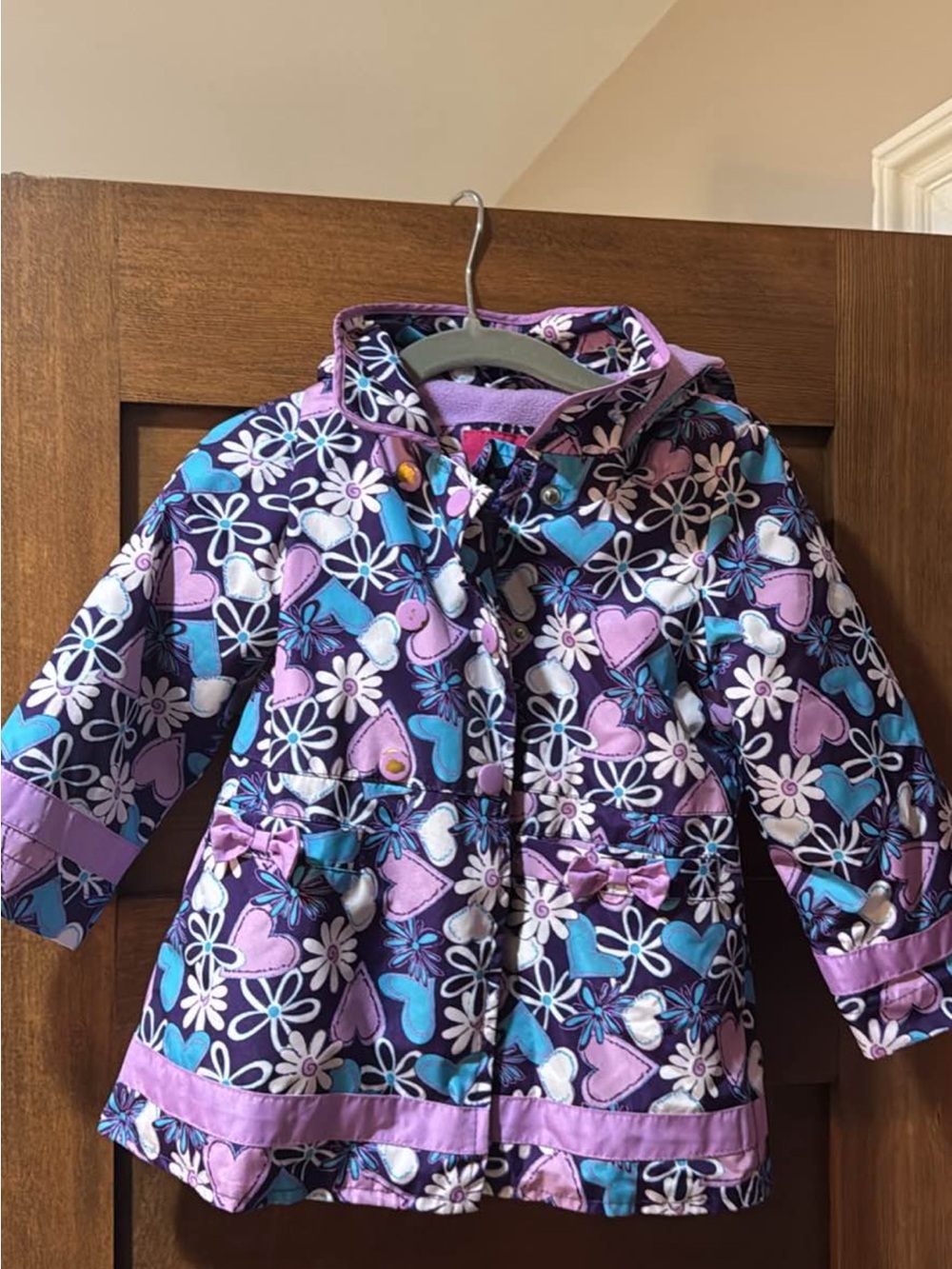 London Fog Purple Floral & Heart Hooded Raincoat with Blue Accents